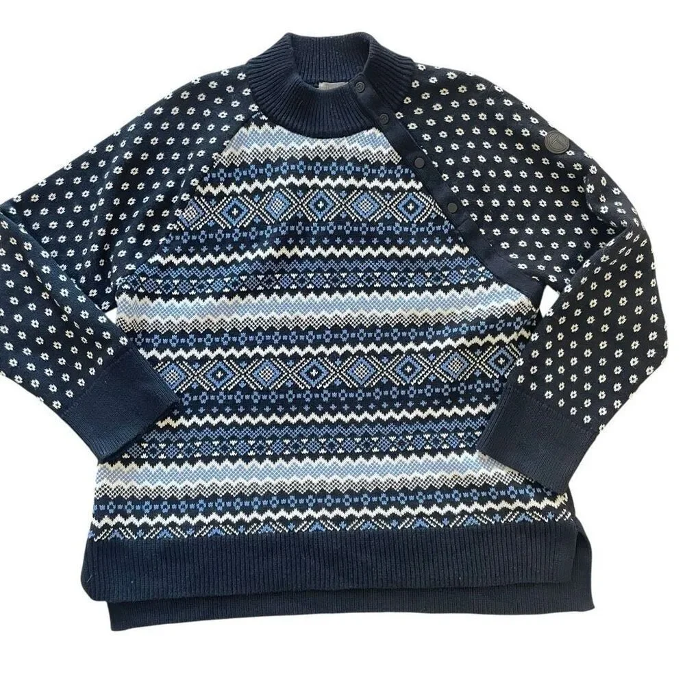 T Talbots Fair Isle Sweater Women’s Size XL Thermolite Navy Blue Mock Neck Snap